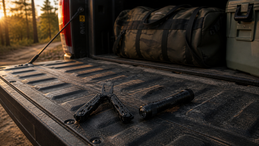 Gerber Center Drive multitool on truck tailgate with everyday carry gear in outdoor setting