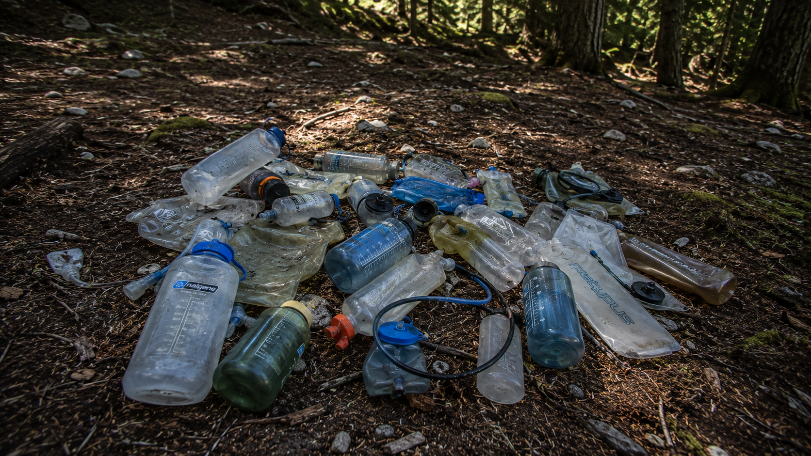 Nalgene bottles and hydration bladders on forest trail during hiking trip