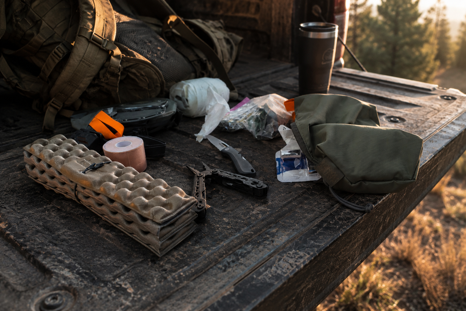 Underrated outdoor gear essentials on a truck tailgate including a multi-tool, organization bags, tape, and everyday hunting gear