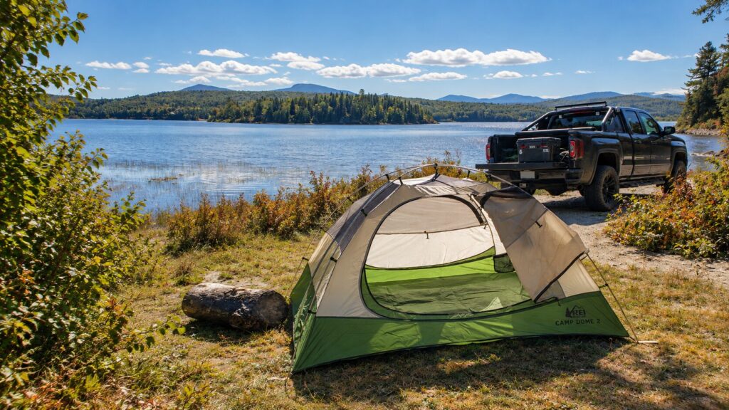 Actual Holeb Pond campsite in Maine with a tent and pickup overlooking the pond and distant mountains.